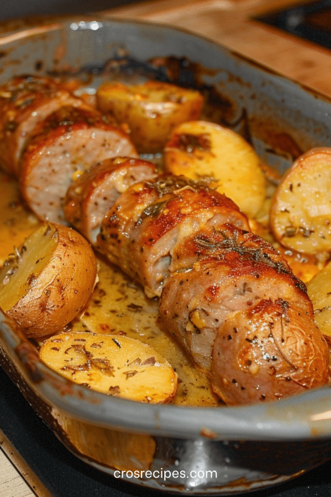 Andouillettes rôties au four accompagnées de pommes de terre dorées aux herbes et à l’ail, servies dans un plat rustique avec jus de cuisson.