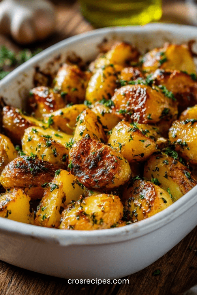 Pommes de terre rôties au four avec ail et herbes, dorées et croustillantes, servies sur une plaque avec persil frais.
