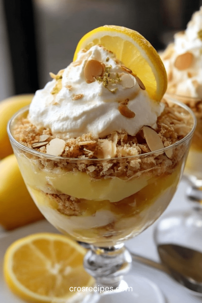 Verrines de citron lemon curd avec chantilly aérienne, meringue émiettée et crumble de biscuits sablés, présentées en couches gourmandes.