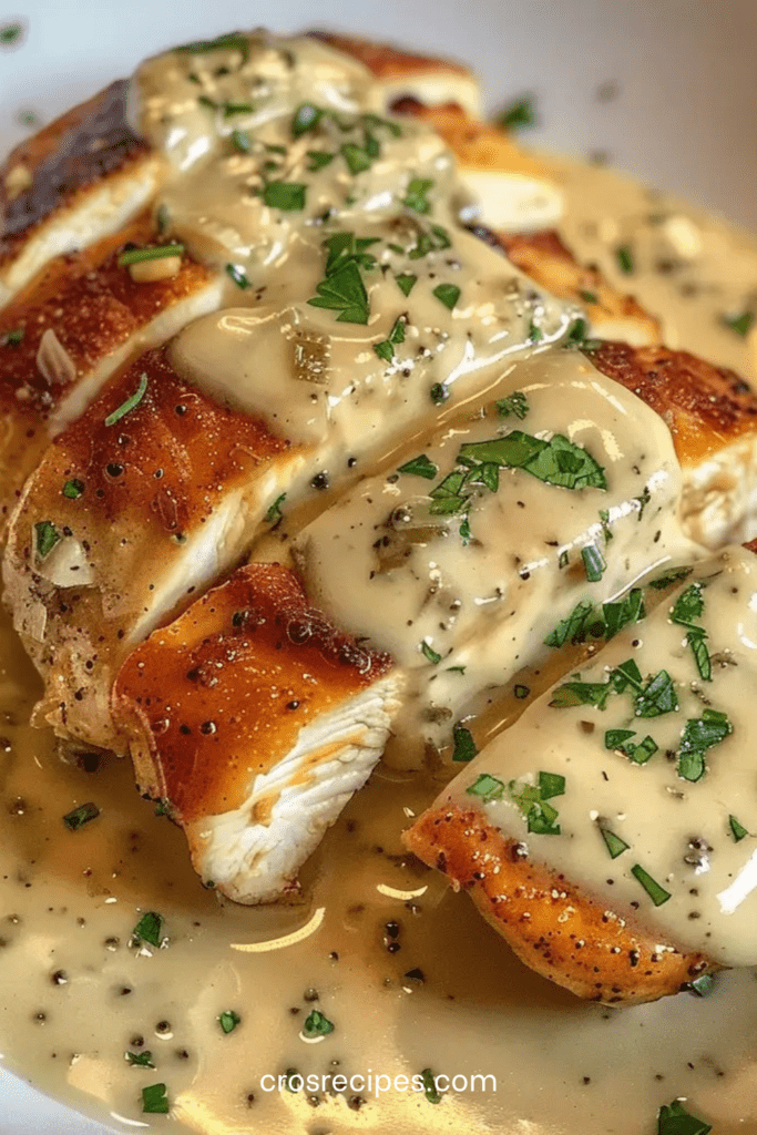 Assiette de poulet au Boursin nappé d’une sauce crémeuse à l’ail et aux fines herbes, servi chaud avec du persil frais dans une ambiance gourmande.