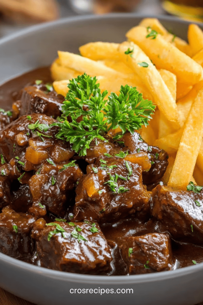 Assiette de carbonade flamande traditionnelle avec morceaux de bœuf fondants dans une sauce brune à la bière, servie avec des frites croustillantes.