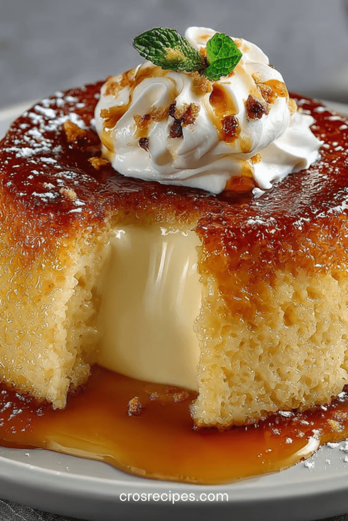 Gâteau de semoule vanillé nappé de caramel doré, texture fondante et crémeuse, présenté en part avec une belle brillance gourmande.