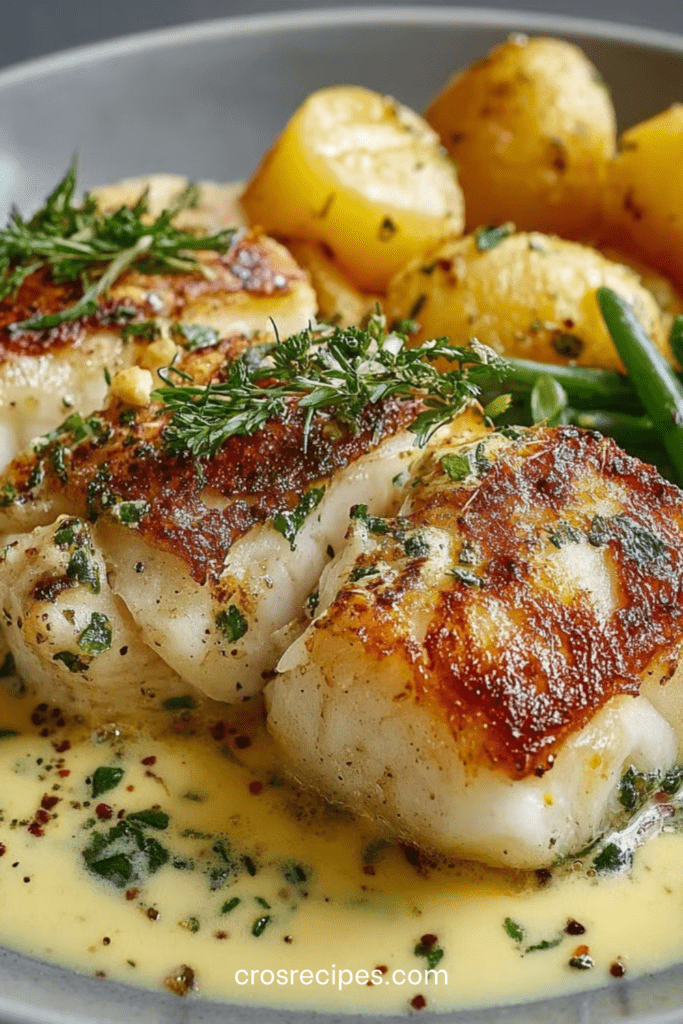 Assiette de colin à l’aïoli avec pommes de terre et haricots verts, nappée d’une sauce crémeuse à l’ail et décorée de persil frais.