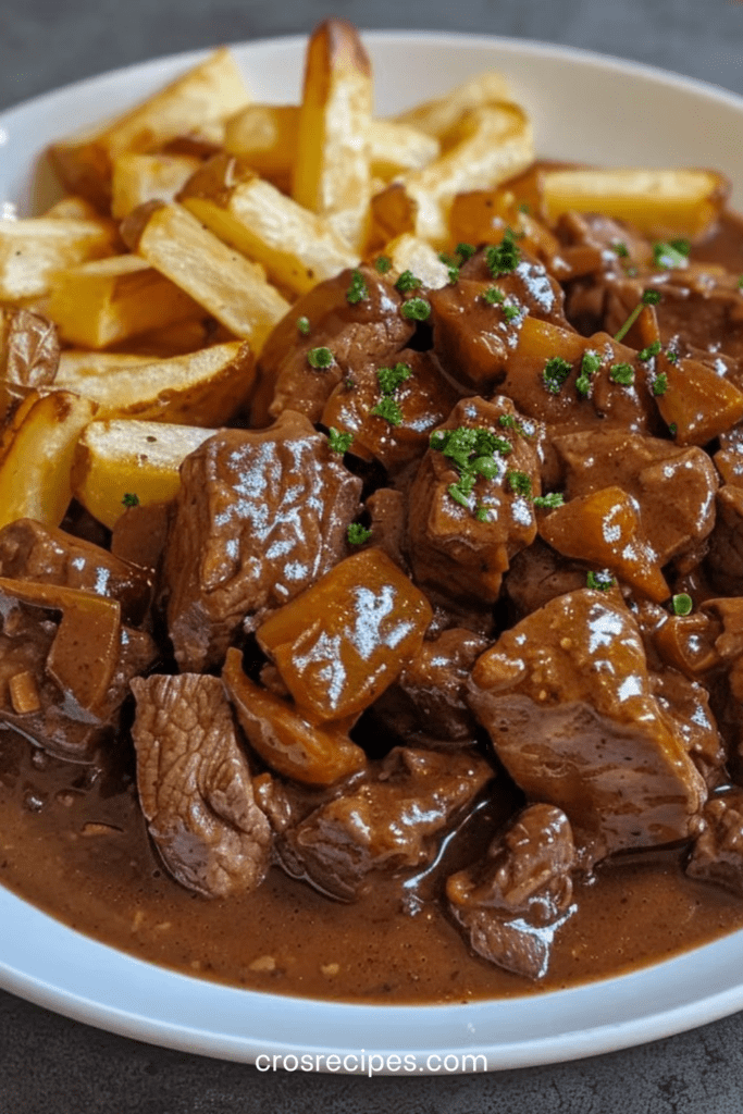 Plat de carbonade flamande avec morceaux de bœuf fondants dans une sauce brune à la bière, accompagné de frites croustillantes dorées.