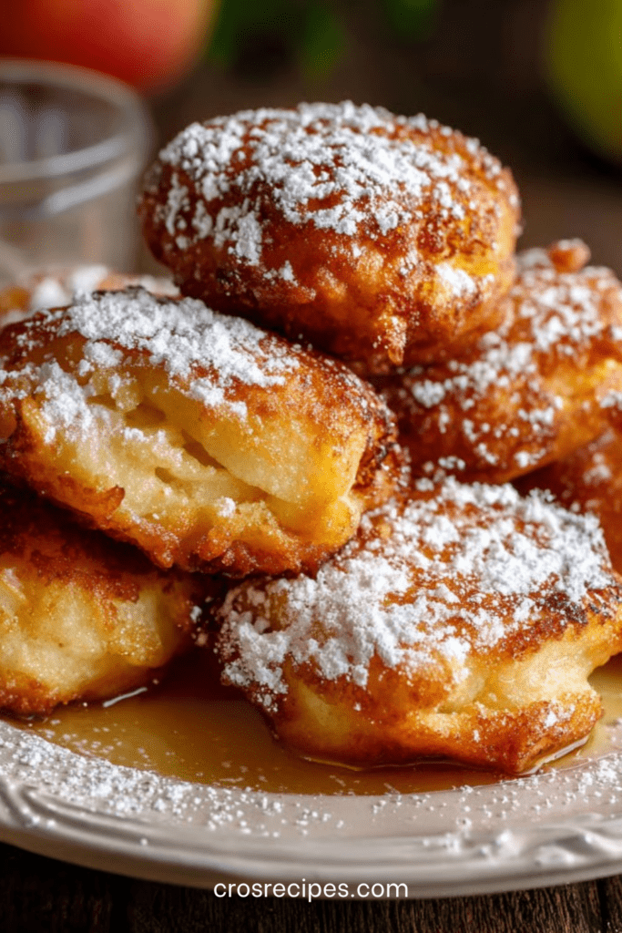 Beignets aux pommes dorés à la poêle, texture moelleuse à l’intérieur et croustillante à l’extérieur, saupoudrés de sucre glace.