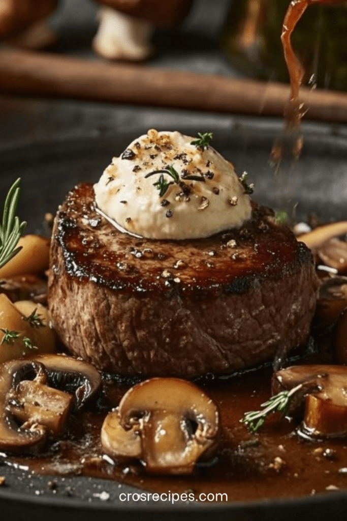 Filet mignon de porc nappé d’une sauce crémeuse au Boursin avec champignons de Paris dorés et persil frais, servi chaud dans une assiette gourmande.