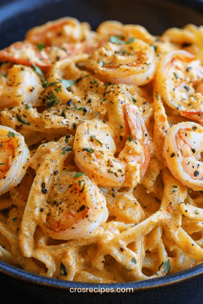 Assiette de pâtes crémeuses aux crevettes et chair de crabe, nappées d’une sauce cajun onctueuse avec persil frais et parmesan.