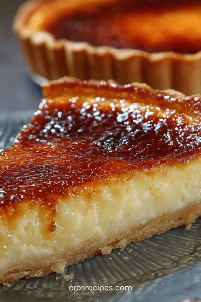 Tarte au flan grand-mère épaisse et crémeuse, avec une pâte croustillante et un dessus légèrement doré et caramélisé.