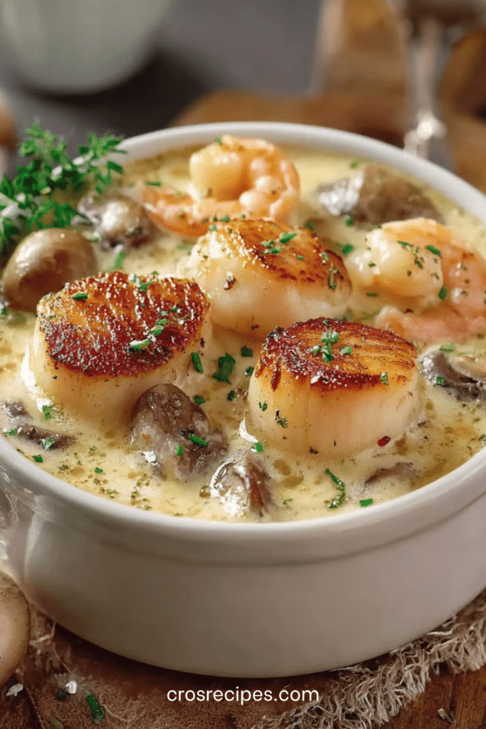 Cassolettes de noix de Saint-Jacques dorées avec crevettes et champignons, nappées d’une sauce crémeuse et gratinées au four.