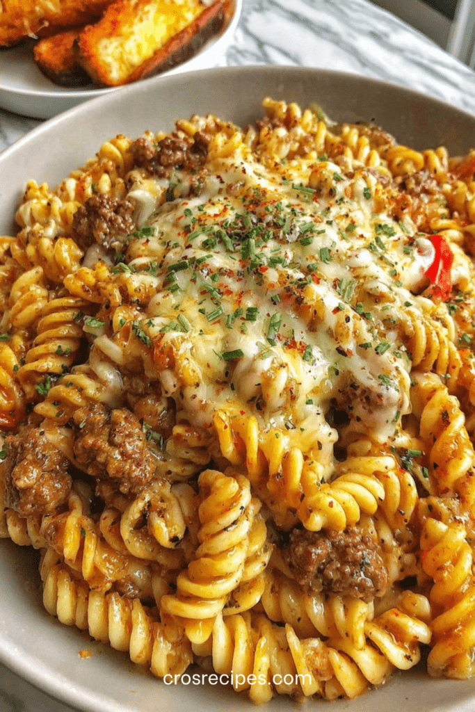Gratin de pâtes façon cheesesteak avec fusilli, viande hachée, poivron rouge, sauce crémeuse et fromage fondu légèrement doré, servi chaud avec persil frais.