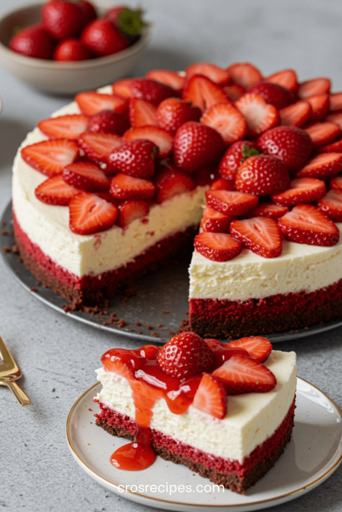Cheesecake Red Velvet aux fraises avec base rouge velours moelleuse, crème cheesecake lisse, fraises fraîches sur le dessus et coulis de fraises brillant.