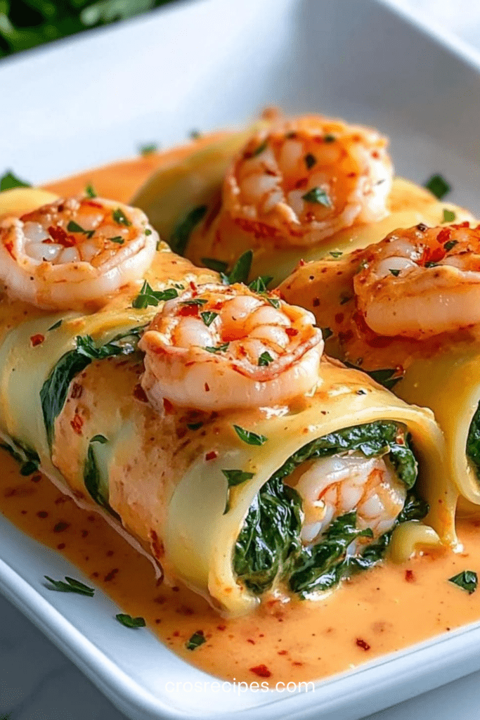 Plat de rouleaux de pâtes farcis aux crevettes, épinards et ricotta, nappés d’une sauce crémeuse au poivron rôti, servis chauds avec persil frais.