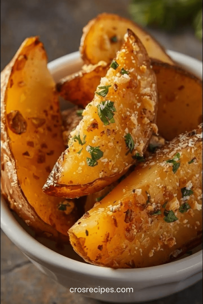Quartiers de pommes de terre rôtis au four avec ail, parmesan et persil frais, dorés et croustillants servis sur une plaque de cuisson.
