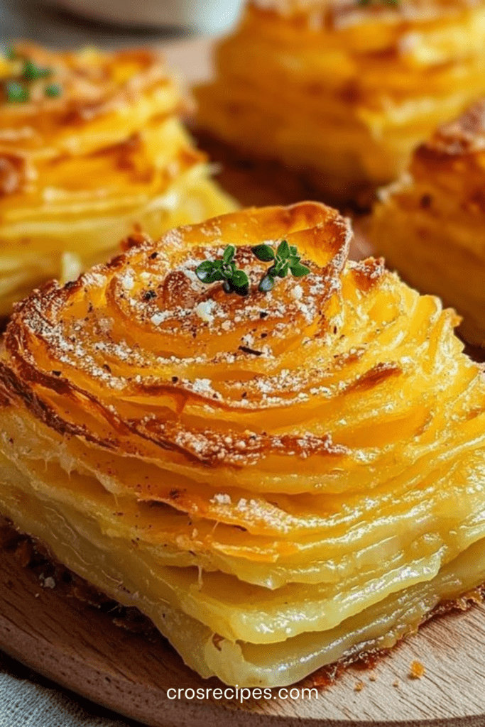 Mille-feuille de pommes de terre croustillant au parmesan avec couches fines dorées au four, servi chaud avec persil frais et texture fondante.