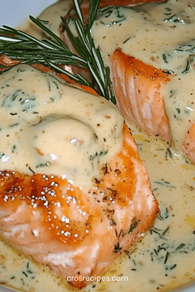 Pavé de saumon doré à la poêle nappé d’une sauce crémeuse aux échalotes, servi avec herbes fraîches et accompagnement de riz.