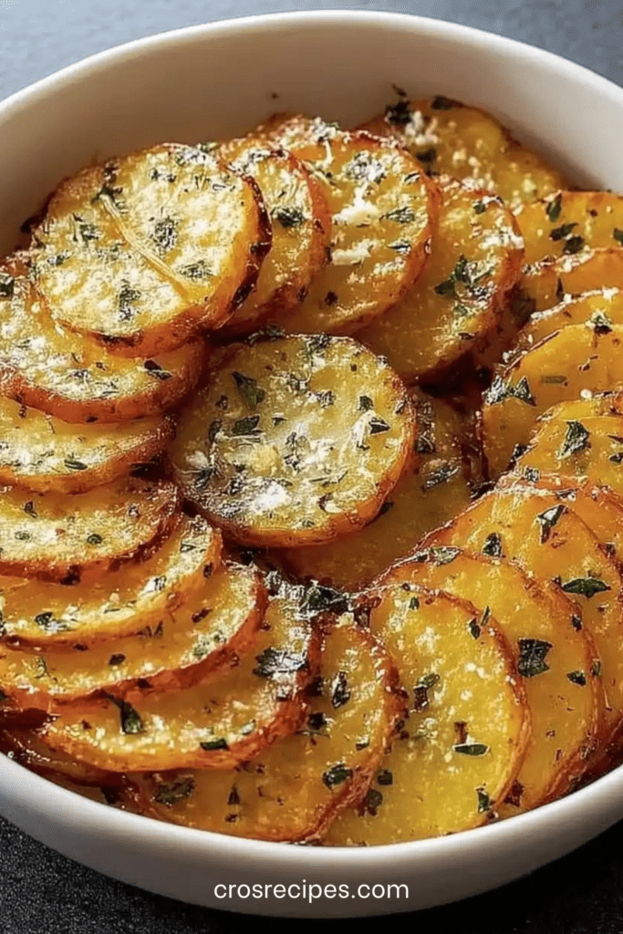 Rondelles de pommes de terre croustillantes au beurre et à l’ail rôties au four, dorées avec parmesan fondu et persil frais.