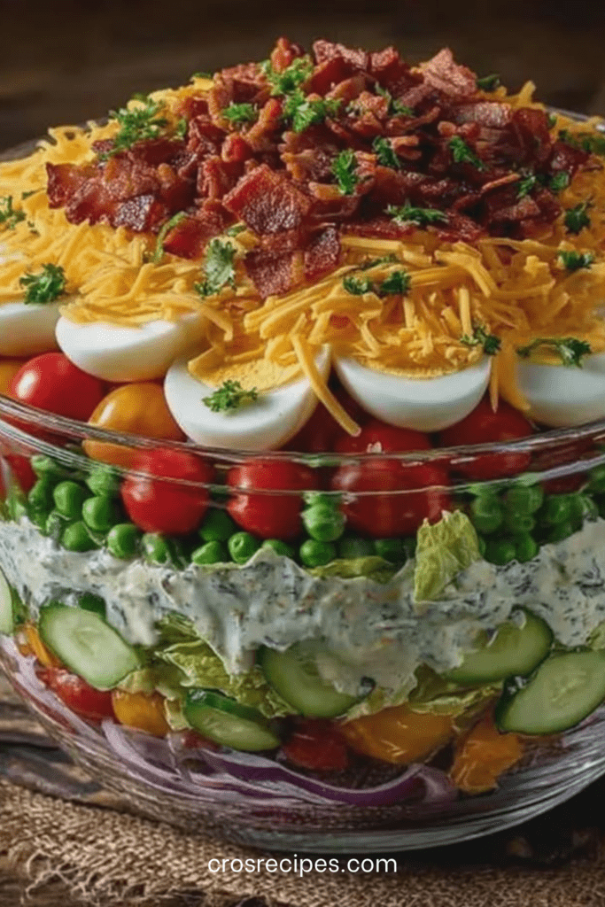 Grande salade sept étages américaine dans un saladier transparent avec couches de laitue, légumes, œufs, cheddar et bacon croustillant.