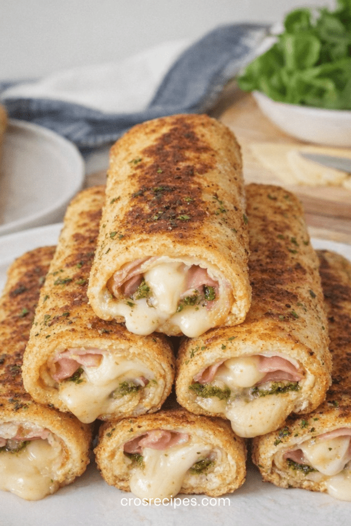 Pain perdu salé jambon-fromage au pesto et mozzarella, doré à la poêle, garni de jambon blanc, mozzarella fondante et tomates confites, servi chaud avec salade verte.