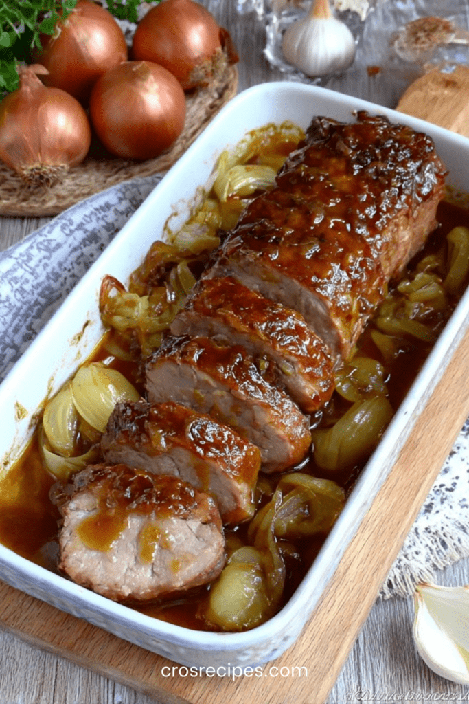 Rôti de porc au miel et aux oignons fondants servi en tranches avec sauce brillante, oignons caramélisés et herbes, présenté dans un plat rustique.