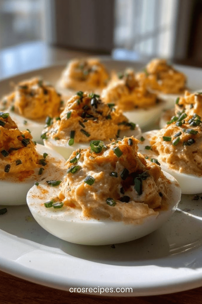 Œufs mimosa garnis de poulet Buffalo crémeux, décorés de paprika et de ciboulette fraîche, servis sur un plateau pour un apéritif.