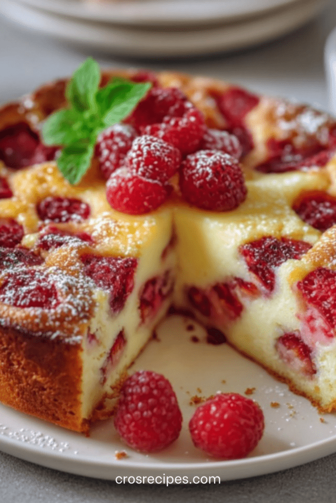 Clafoutis aux fraises et framboises doré au four, fruits rouges visibles, saupoudré de sucre glace, servi tiède en parts sur assiette.