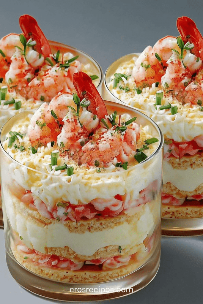 Verrines crémeuses aux crevettes avec fromage frais citronné, crackers croustillants et ciboulette, décorées d’une crevette entière et paprika.