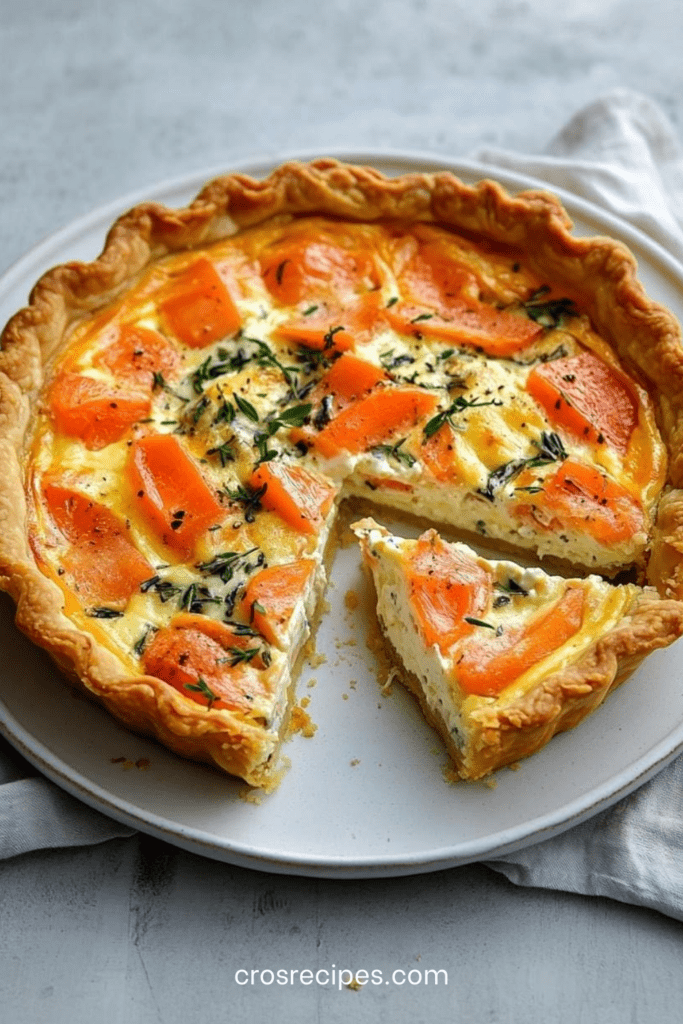 Quiche au saumon fumé dorée au four avec pâte croustillante et garniture crémeuse aux herbes, servie en parts sur une assiette.