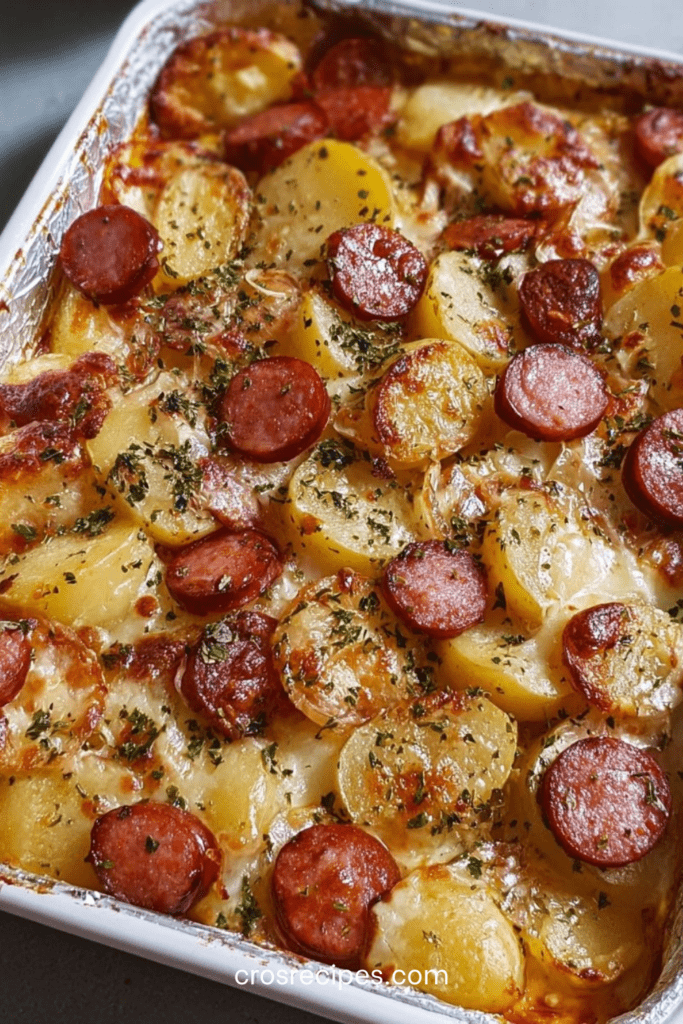gratin de pommes de terre et saucisse fumée au fromage doré au four avec sauce crémeuse et persil frais dans un plat à gratin rustique