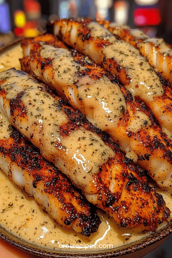 bâtonnets de cabillaud dorés au beurre d’ail avec sauce crémeuse au citron et persil frais servis dans une poêle