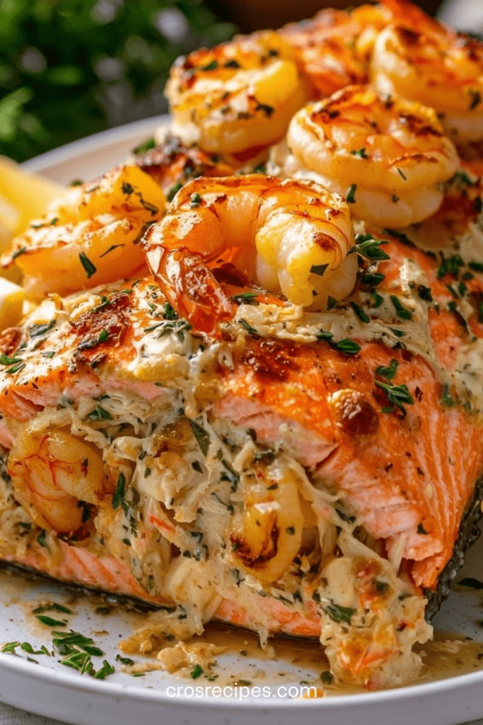 filet de saumon rôti au four farci aux crevettes et fromage crémeux avec persil frais et quartiers de citron