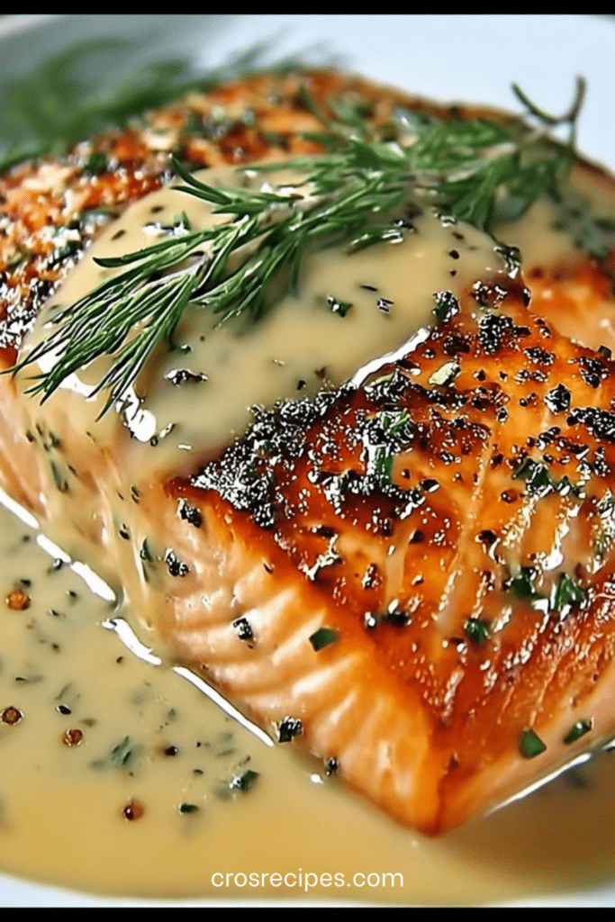 Pavés de Saumon grillé dorés à la poêle nappés d’une sauce crémeuse aux échalotes et aux herbes, servis avec légumes vapeur et riz basmati.