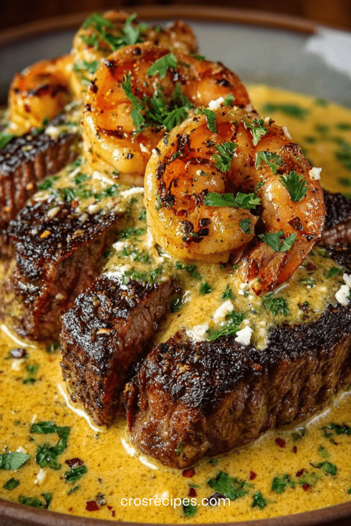 steak de bœuf grillé garni de crevettes dorées avec sauce crémeuse à l’ail et parmesan dans une poêle