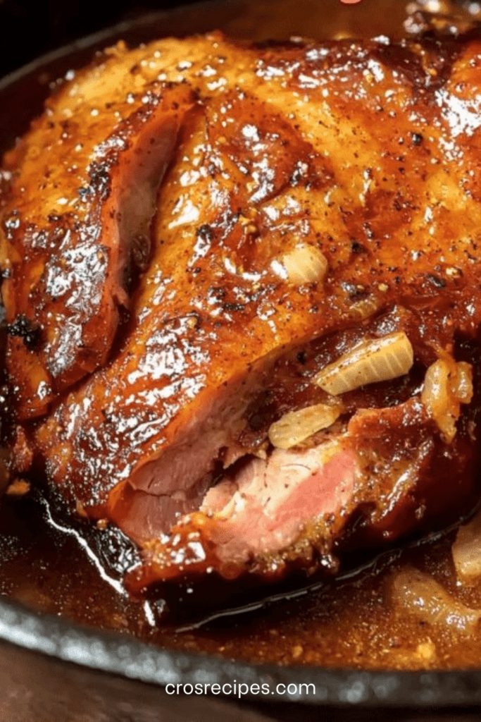 Rouelle de porc confite servie dans une cocotte avec une sauce brune aux oignons caramélisés et à l’ail, viande fondante nappée généreusement, plat rustique et familial.