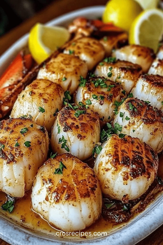 Noix de Saint-Jacques dorées à la poêle nappées de beurre citronné avec persil frais et quartiers de citron dans une assiette élégante.