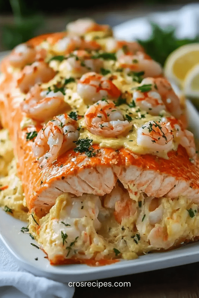 Grand filet de saumon farci au crabe et aux crevettes, garni d’herbes fraîches et de citron, servi doré au four sur un plat élégant.