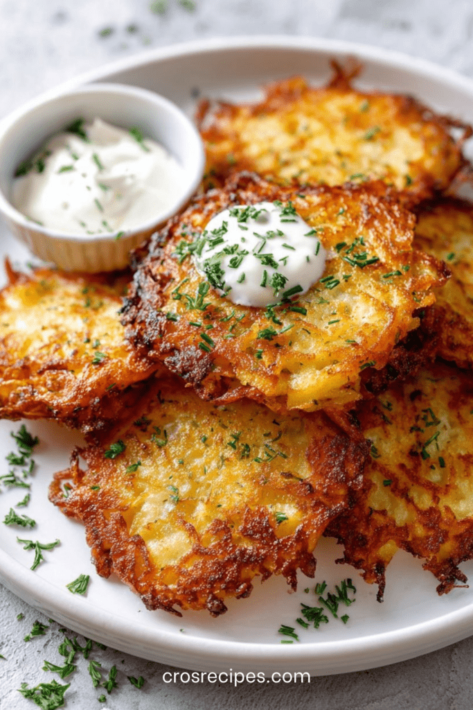 Galettes de pommes de terre dorées et croustillantes servies avec crème fraîche et ciboulette sur une assiette rustique.