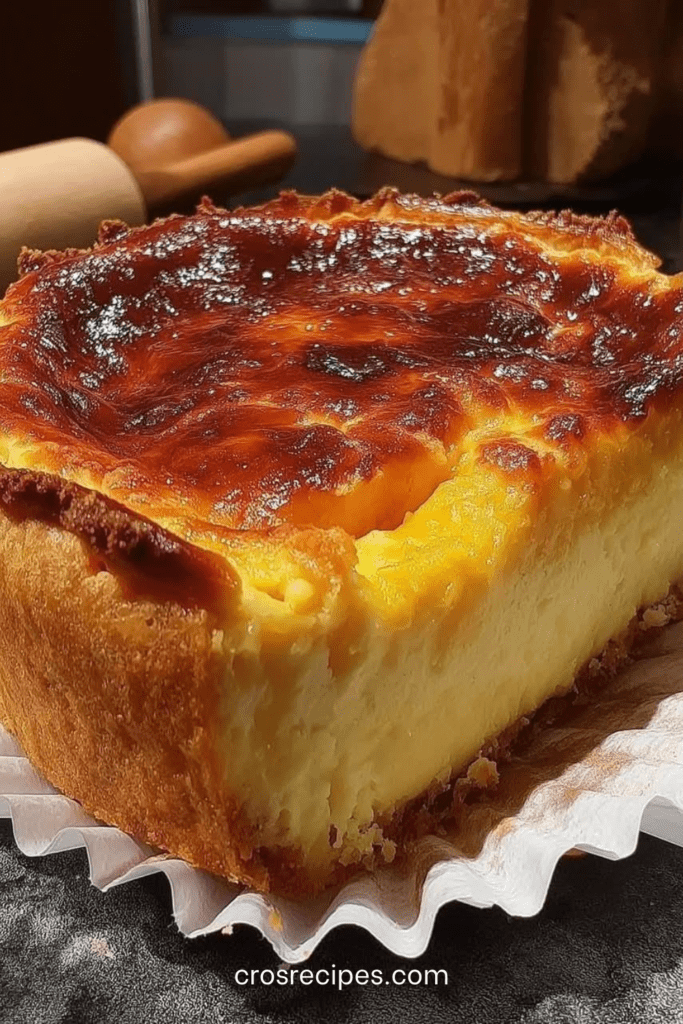 Flan boulanger maison à la vanille sur pâte croustillante, à la surface dorée et légèrement caramélisée, présenté en parts sur une assiette.