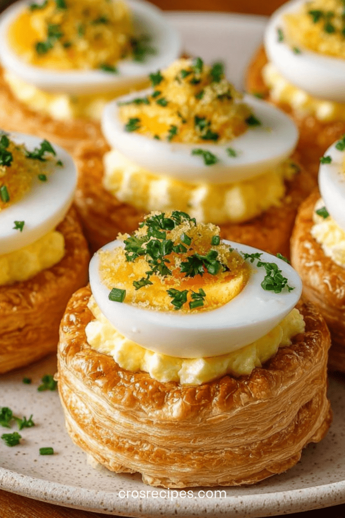 Feuilletés croustillants garnis de crème d’œufs mimosa et décorés de demi-œufs durs, servis sur un plateau pour une entrée élégante.