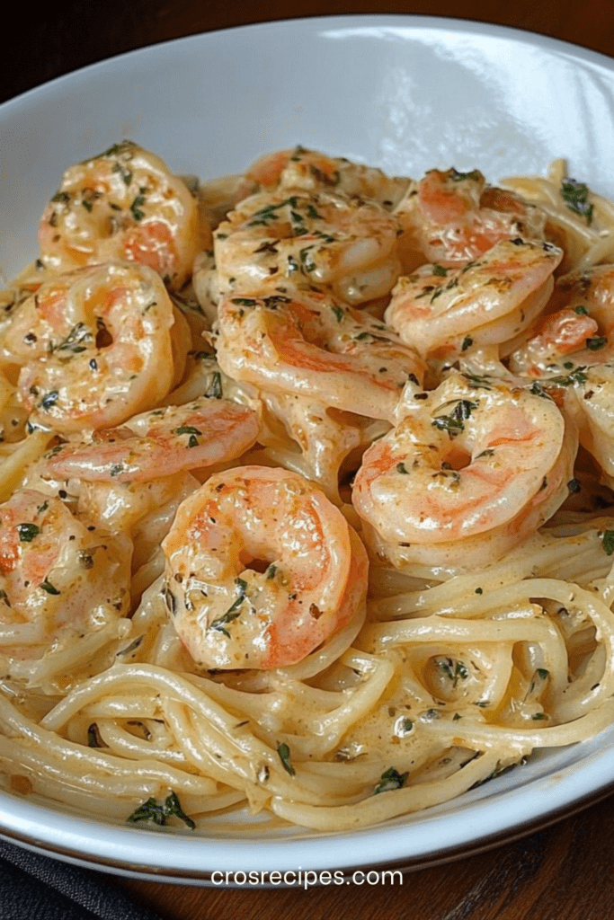 Spaghettis crémeux aux crevettes, ail et parmesan servis dans une assiette avec persil frais et sauce onctueuse.