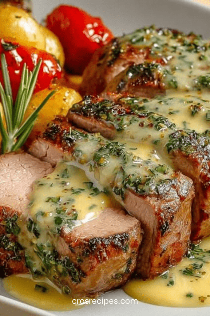 Filet mignon de porc rôti tranché nappé d’une sauce crémeuse à la moutarde et aux herbes fraîches servi avec pommes de terre.