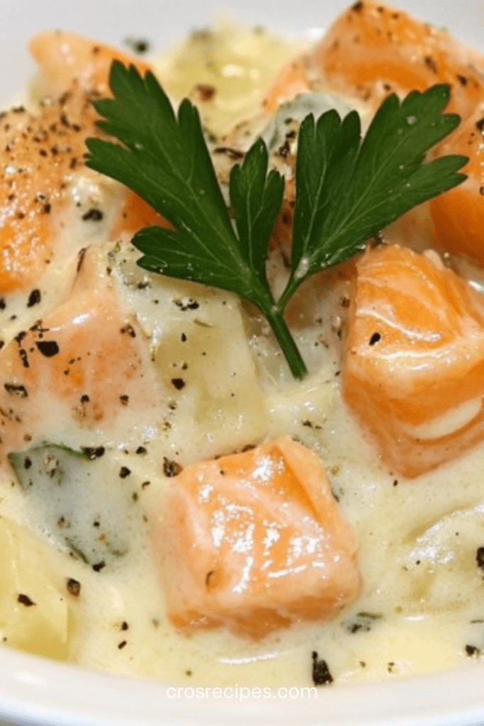 Blanquette de saumon crémeuse avec poireaux et carottes servie dans une assiette avec sauce onctueuse et persil frais.