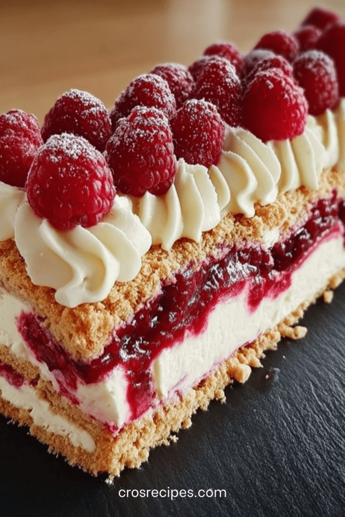 bûche mascarpone framboise avec base biscuitée croustillante, décorée de framboises fraîches et sucre glace.