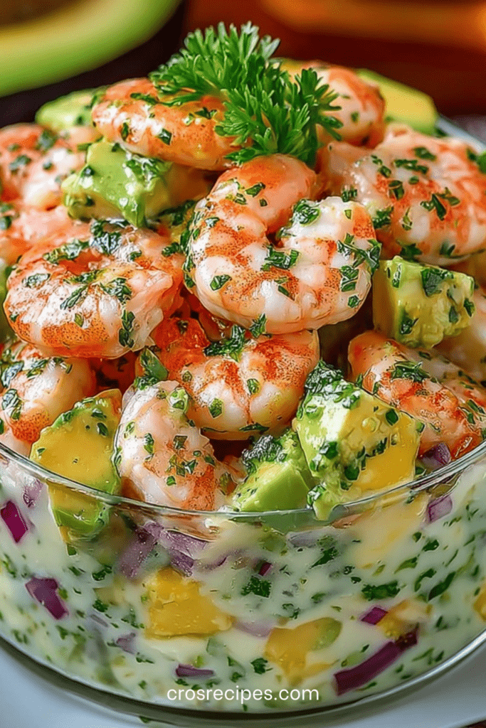 Salade crémeuse de crevettes et avocat servie dans un bol, avec oignon rouge, herbes fraîches et sauce onctueuse au citron.