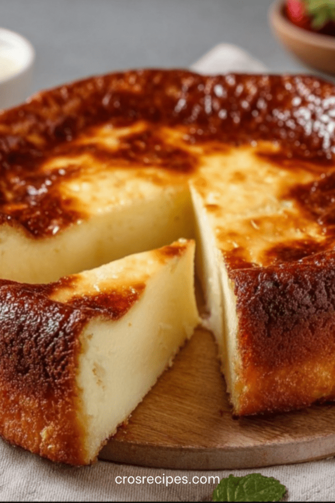 Part de gâteau au yaourt ultra-léger, dorée et moelleuse, préparée avec 3 ingrédients, servie sur une assiette avec yaourt nature en arrière-plan.