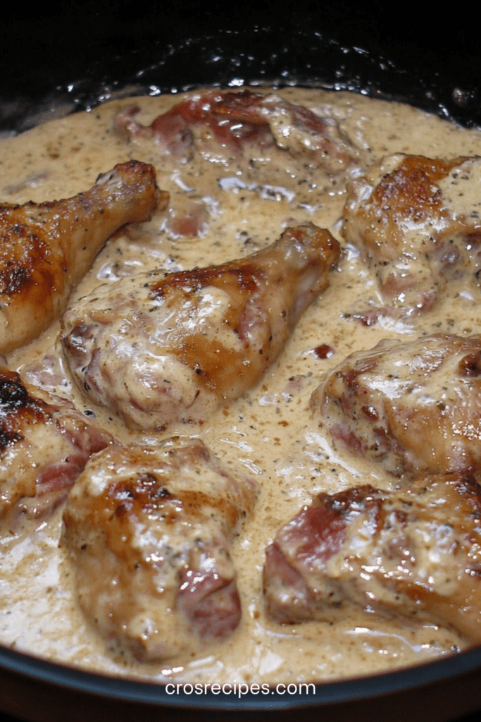Pilons de poulet dorés nappés d’une sauce crémeuse au Porto avec lardons, persil frais et échalotes dans une poêle rustique.