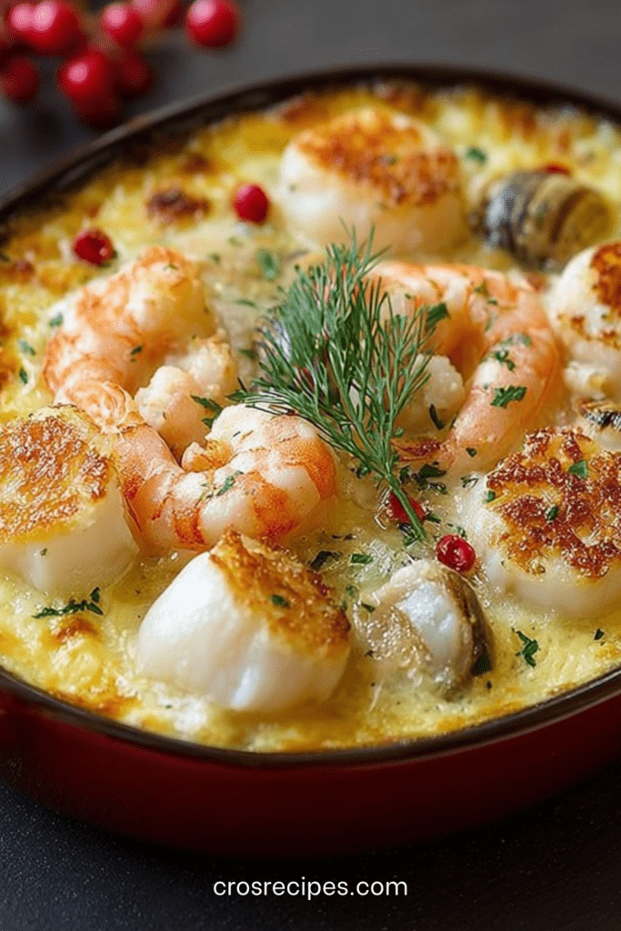 Cassolette de fruits de mer gratinées avec crevettes, moules et Saint-Jacques dans une sauce crémeuse dorée au fromage.