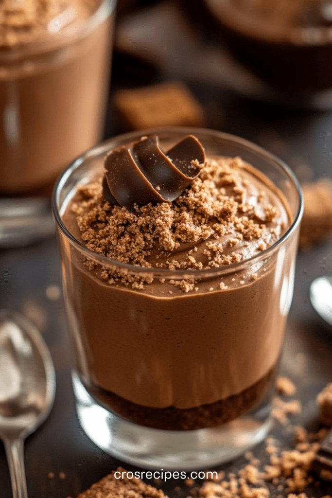 Verrines mousse chocolat avec base de spéculoos croustillante, mousse onctueuse et décoration de copeaux de chocolat et biscuits émiettés.