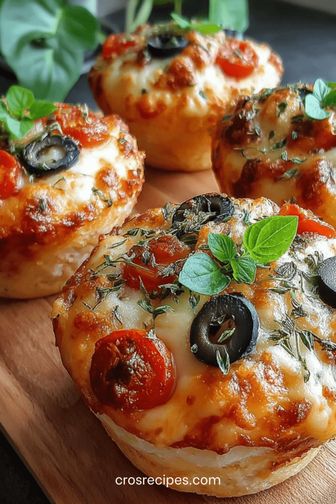 Mini pizzas maison garnies de mozzarella fondante, tomates cerises coupées en deux, olives noires, basilic frais et herbes, servies chaudes sur une assiette.