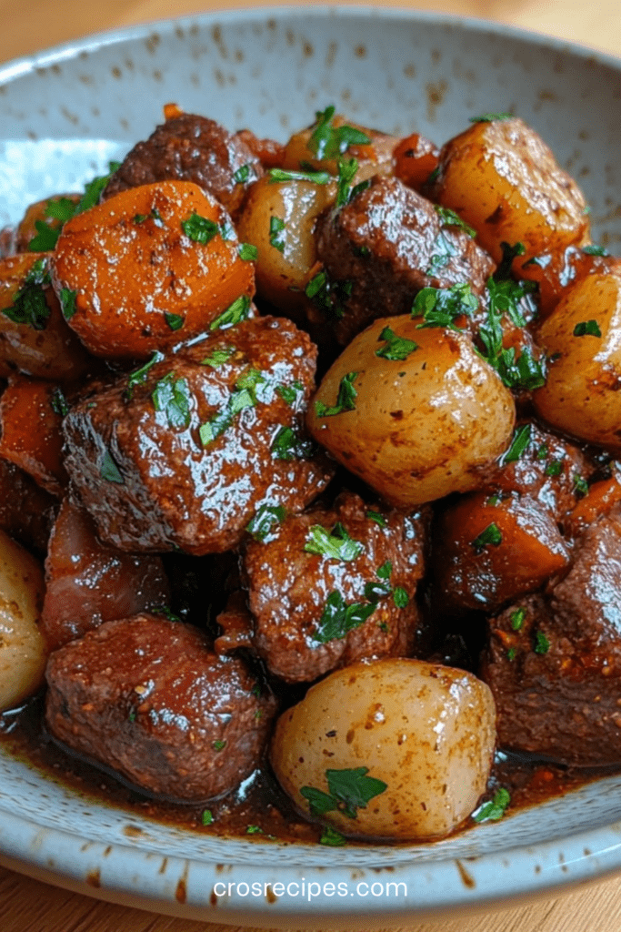 Plat de paleron de bœuf mijoté servi avec pommes de terre fondantes, carottes, petits oignons et sauce brune brillante, parsemé de persil frais.