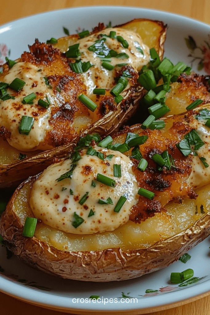 Pommes de terre au four coupées en deux, garnies d’une crème fromagère fondante avec ciboulette fraîche et fromage gratiné doré sur le dessus.